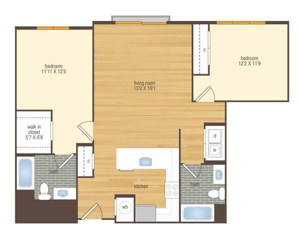 Floor plan for 2 beds, 2 baths, 1108 sqft